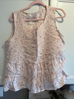 Shabby Chic Pink Floral Linen Tiered Tank Blouse